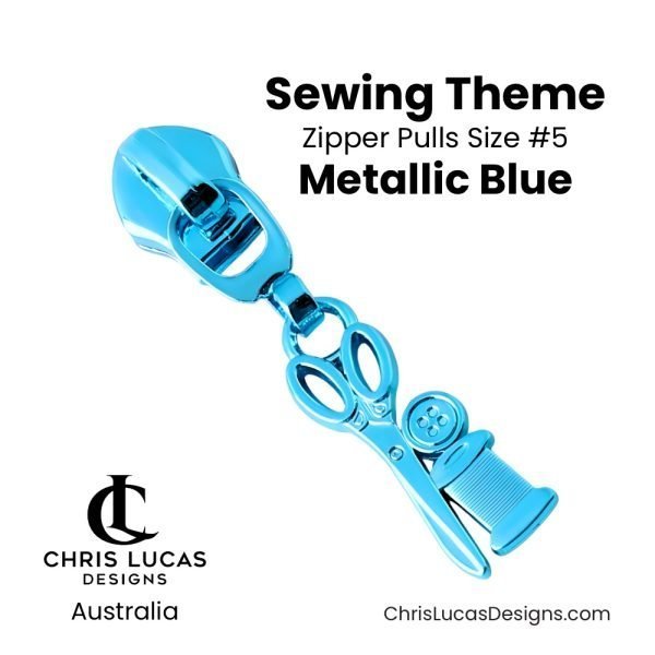 Sewing Theme Zipper Pulls Size #5 Metallic Blue Australian Bag Making Supplies Australia Chris Lucas Designs Handbag Hardware