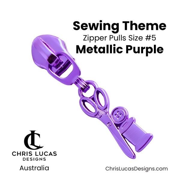 Sewing Theme Zipper Pulls Size #5 Metallic Purple Australian Bag Making Supplies Australia Chris Lucas Designs Handbag Hardware