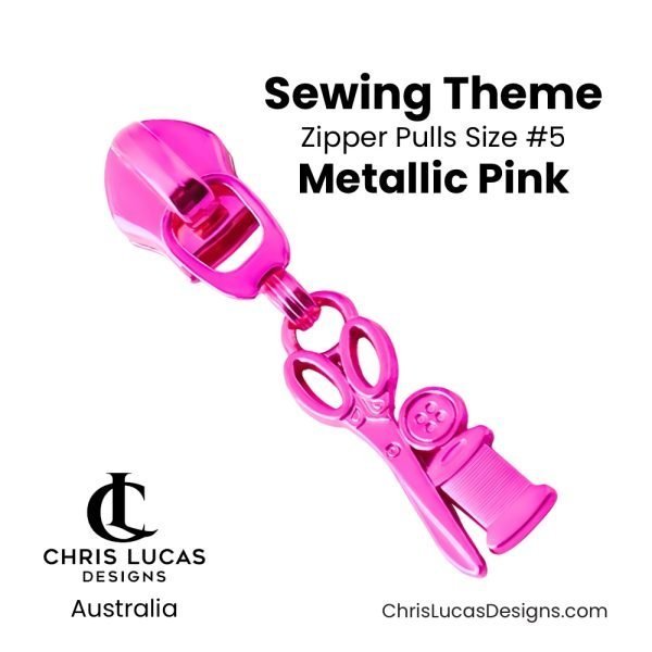 Sewing Theme Zipper Pulls Size #5 Metallic Pink Australian Bag Making Supplies Australia Chris Lucas Designs Handbag Hardware