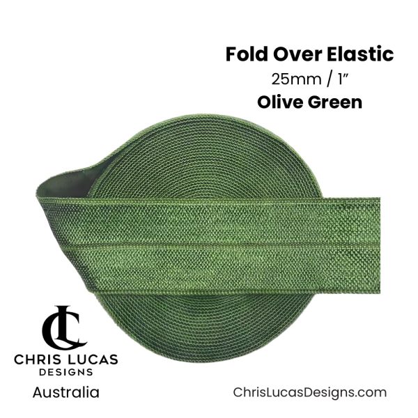 Olive Green Fold Over Elastic 25mm / 1” Australian Bag Making and Sewing Supplies Australia Chris Lucas Designs