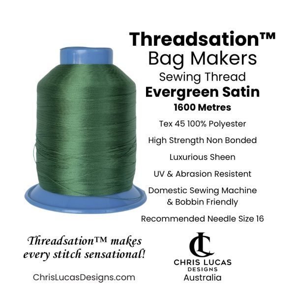Threadsation Evergreen Satin Tex 45 sewing thread — deep forest green premium spool.