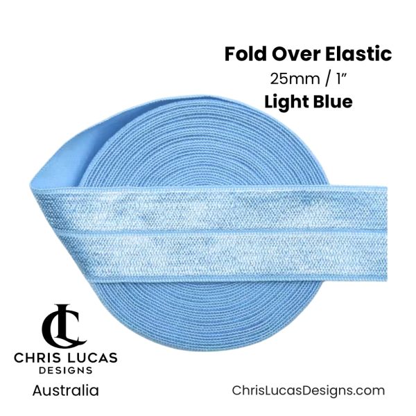Light Blue Fold Over Elastic 25mm / 1” Australian Bag Making Supplies Australia Chris Lucas Designs