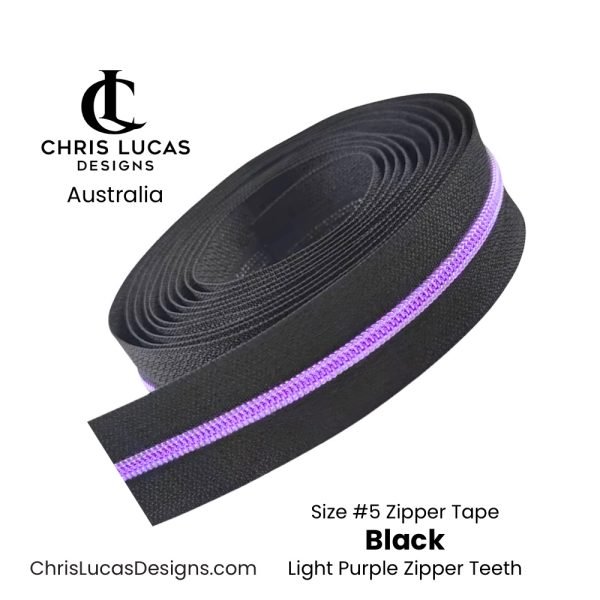 Black Zipper Tape with Light Purple Metallic Zipper Teeth Size #5 Australian Bag Making Supplies