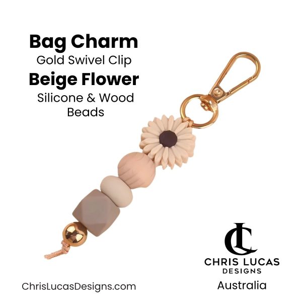 Beige flower bag charm with gold swivel clip and silicone and wood beads for handbags and key rings