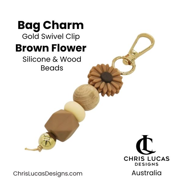 Brown flower bag charm with gold swivel clip and silicone and wood beads for handbags and key rings