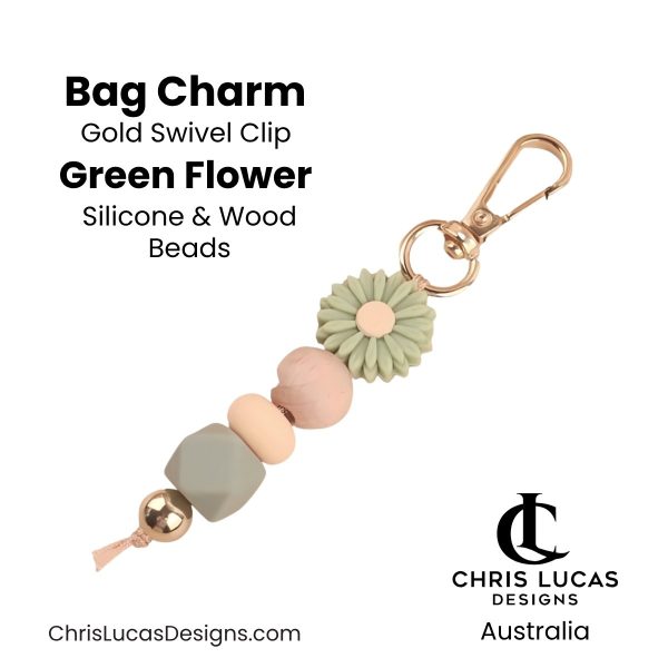 Green flower bag charm with gold swivel clip and silicone and wood beads for handbags and key rings