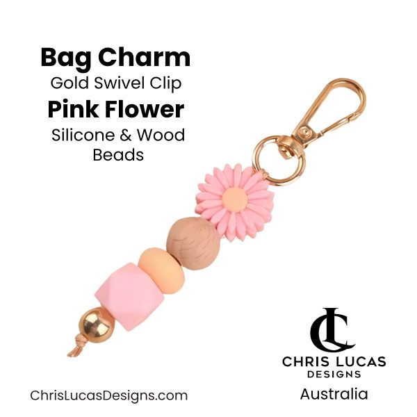 Pink flower bag charm with gold swivel clip and silicone and wood beads for handbags and key rings