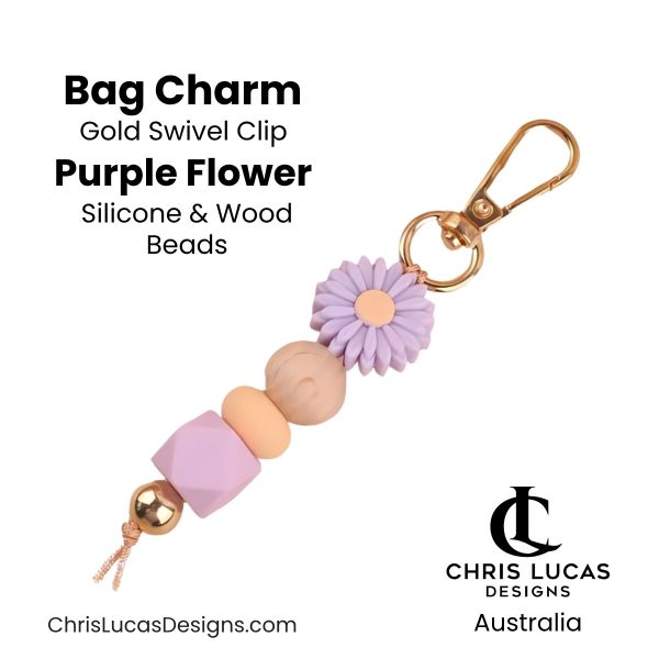 Purple flower bag charm with gold swivel clip and silicone and wood beads for handbags and key rings