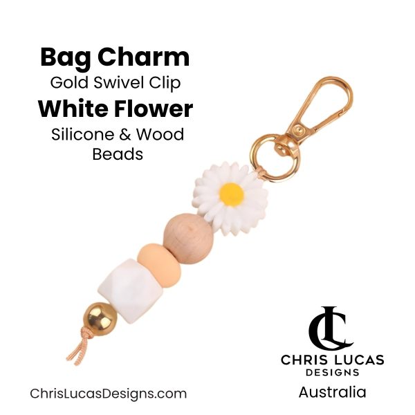 White flower bag charm with gold swivel clip and silicone and wood beads for handbags and key rings