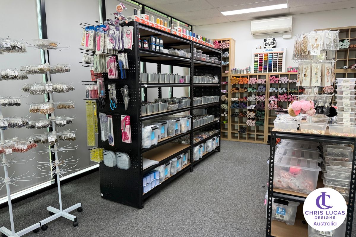 Another showroom area with tools, notions, bag hardware, vinyl and sewing supplies at Chris Lucas Designs Loganholme