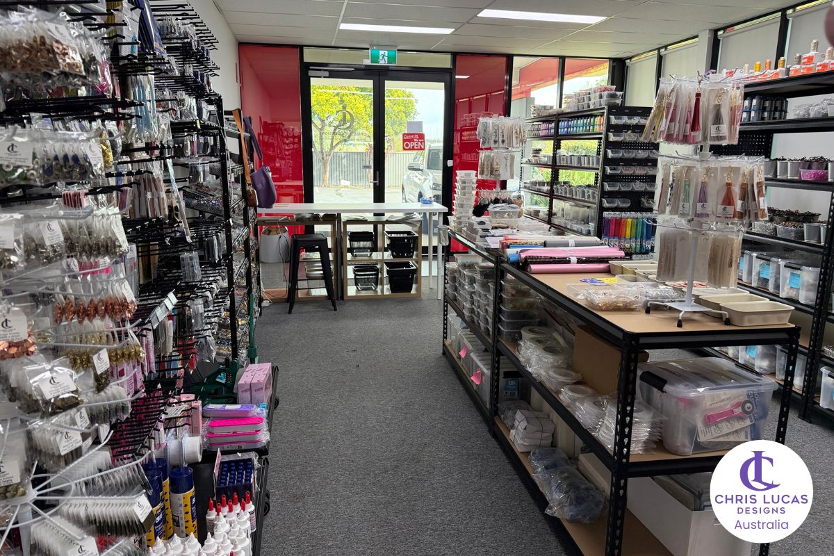 Front showroom area at Chris Lucas Designs with bag hardware, webbing, zipper tape and colourful sewing supplies