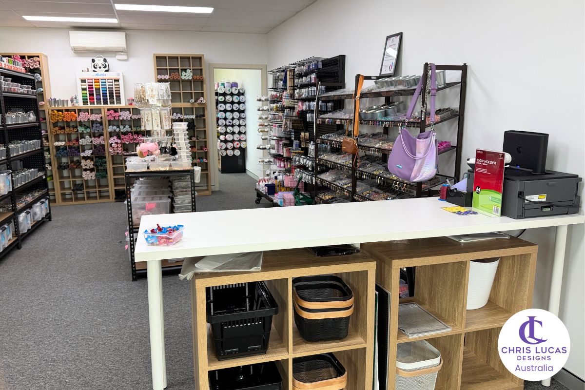 Chris Lucas Designs showroom front entrance area with bag making supplies, hardware, zipper tape and sewing materials in Loganholme Queensland