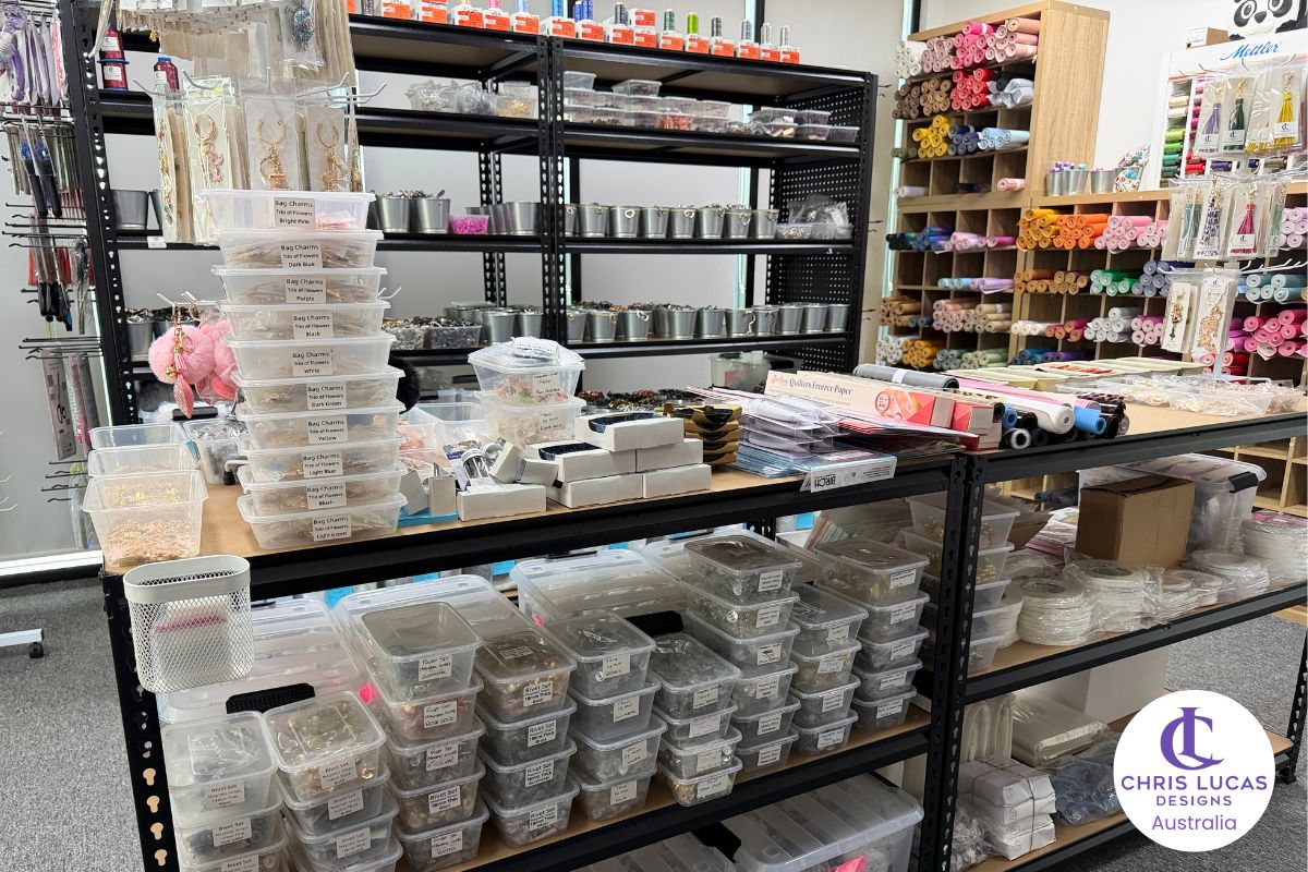 Showroom table area where customers place selected bag making supplies and view products at Chris Lucas Designs