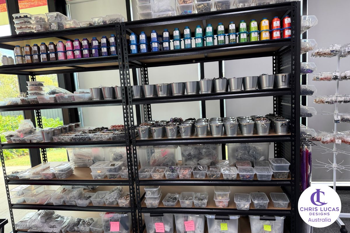 Threadsation thread colours and bag hardware display inside Chris Lucas Designs showroom Australia