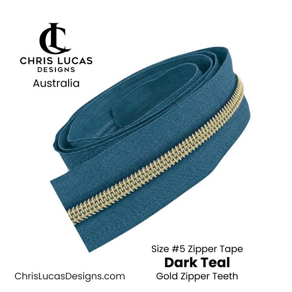 Dark Teal Zipper Tape with Gold Teeth Size #5 Bag Making Supplies Australia Chris Lucas Designs