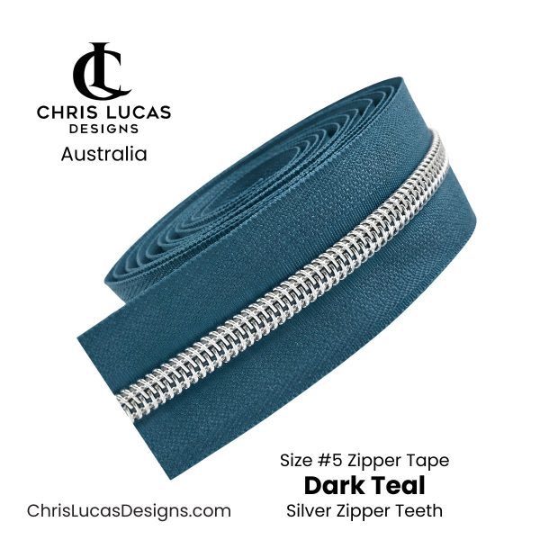 Dark Teal Zipper Tape with Silver Teeth Size #5 Bag Making Supplies Australia Chris Lucas Designs