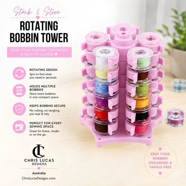 Pink Stack n Store Rotating Bobbin Tower holds 30 sewing bobbins organiser Australia