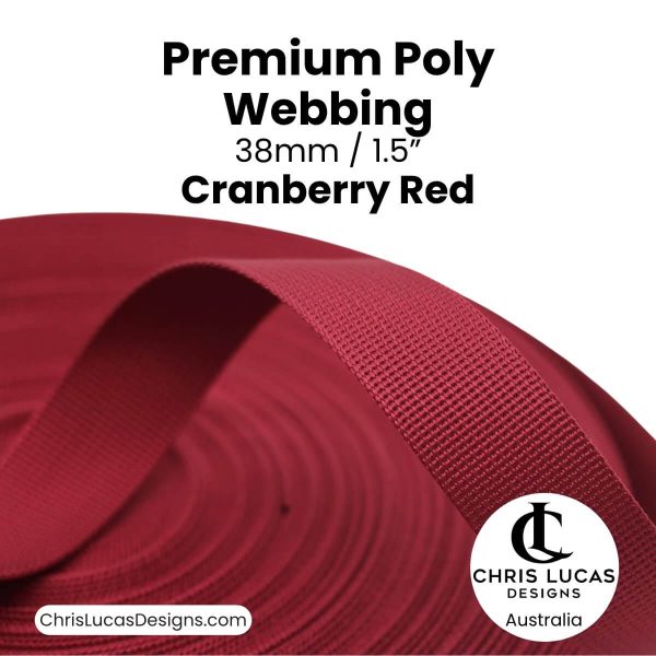 Cranberry Red Premium Poly Webbing 38mm for bag straps and handles at Chris Lucas Designs Australia