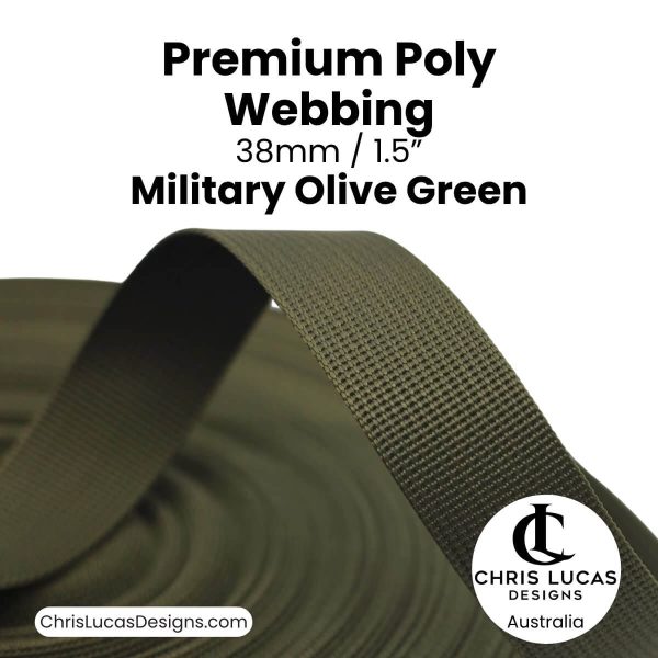 Military Olive Green Premium Poly Webbing 38mm for bag straps and handles at Chris Lucas Designs Australia