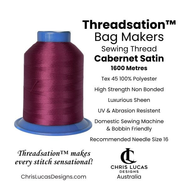 Threadsation Tex 45 Cabernet Satin berry-red sewing thread for bag making and quilting at Chris Lucas Designs Australia