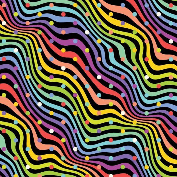 Devonstone Wavy Stripe Black quilting cotton fabric with rainbow stripes and spots from Chris Lucas Designs Australia