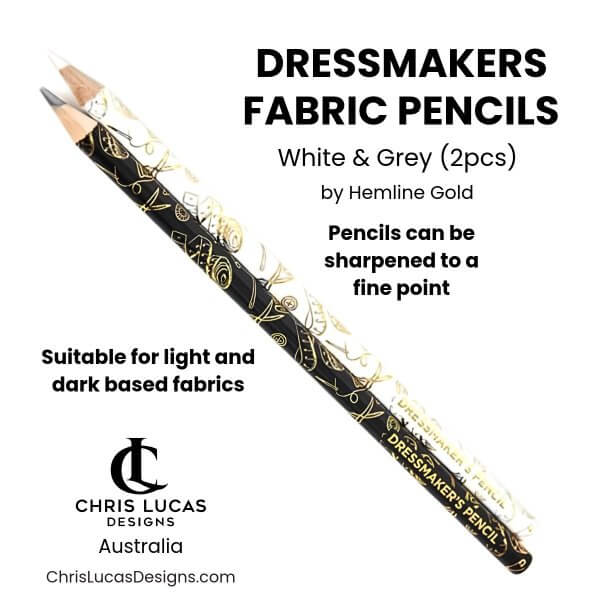 Two Hemline Gold dressmakers fabric marking pencils with white and grey leads, black and white gold foil barrels at Chris Lucas Designs Australia