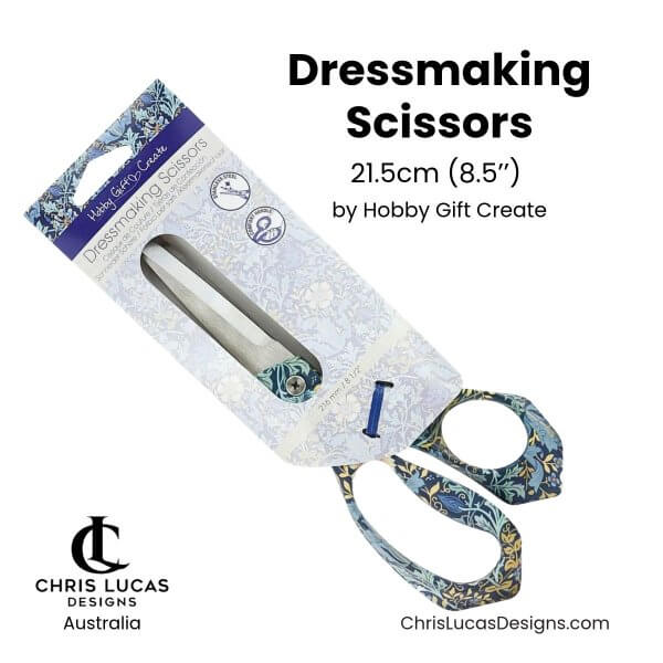 Hobby Gift Create Dressmakers Scissors 21.5cm in packaging with blue floral handles, Chris Lucas Designs Australia