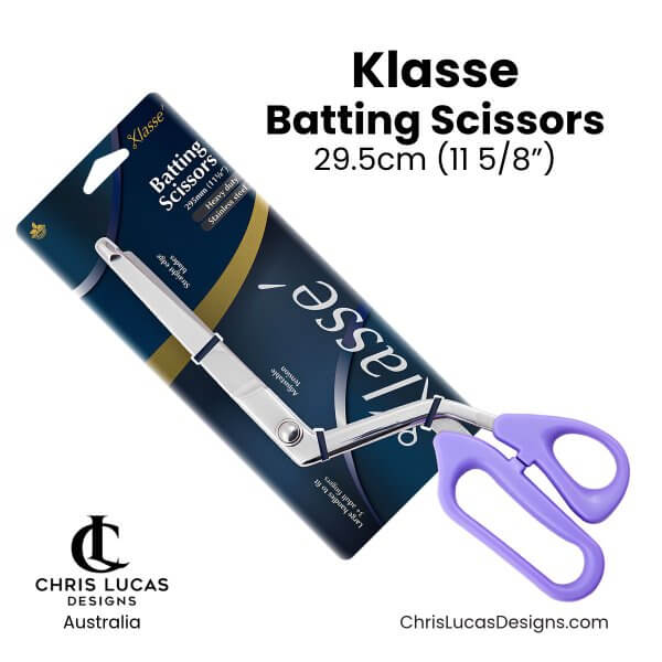 Klasse 29.5cm batting scissors with purple handles and stainless steel rounded tip blades in packaging, Chris Lucas Designs Australia