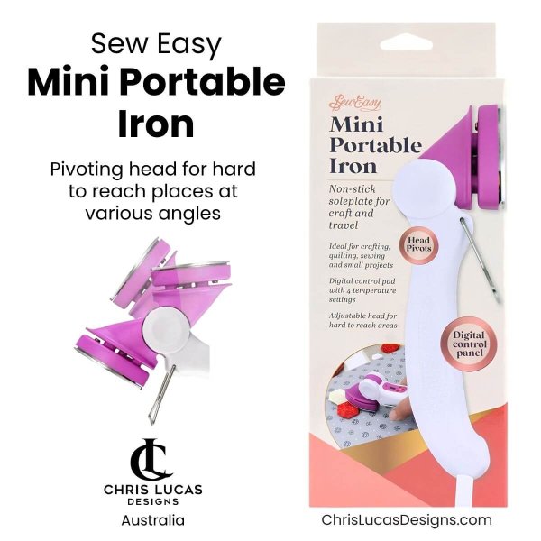 Sew Easy Mini Portable Iron pink and white with pivoting head and packaging at Chris Lucas Designs Australia