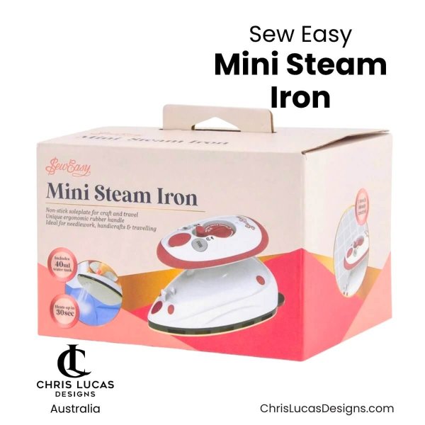 Sew Easy Mini Steam Iron in its original pink and white retail packaging box.