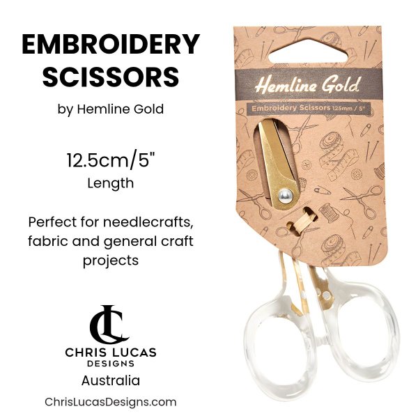 Hemline Gold embroidery scissors 12.5cm (5") with gold coloured blades and clear handles in retail packaging at Chris Lucas Designs Australia