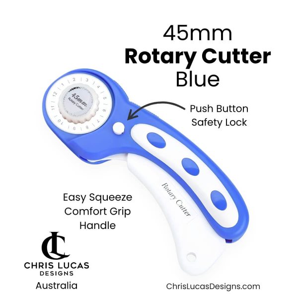 Blue 45mm rotary cutter with white squeeze handle and push-button safety lock at Chris Lucas Designs Australia