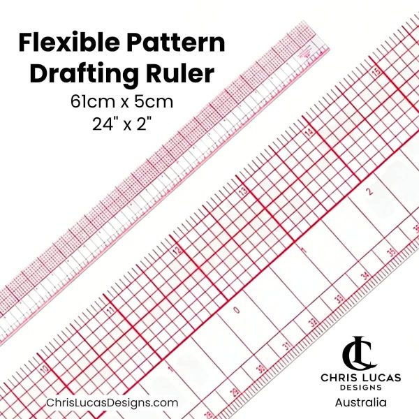 Transparent flexible pattern drafting ruler 24 x 2 inch with red grid markings at Chris Lucas Designs Australia.