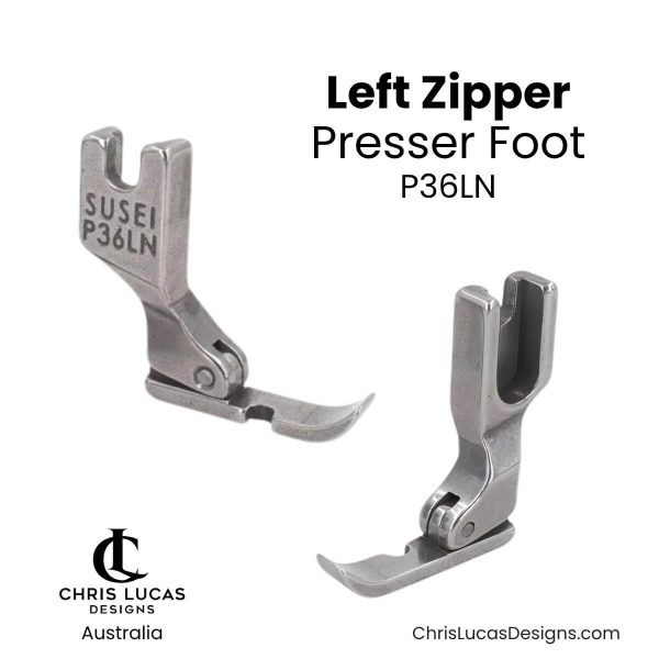 Left zipper presser foot P36LN showing its narrow one-sided sole and hinged screw-on fitting at Chris Lucas Designs Australia