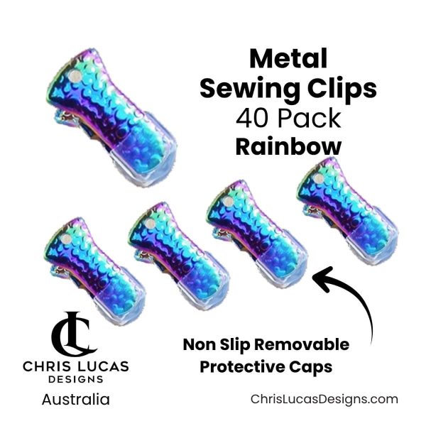 Metal Sewing Clips 40 Pack Rainbow with removable rubber protective tips for bag making Chris Lucas Designs Australia