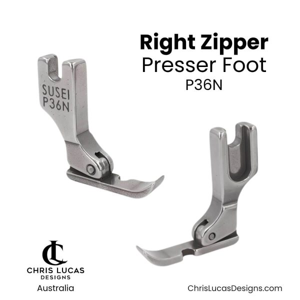 Right zipper presser foot P36N showing its narrow one-sided sole and hinged screw-on fitting at Chris Lucas Designs Australia